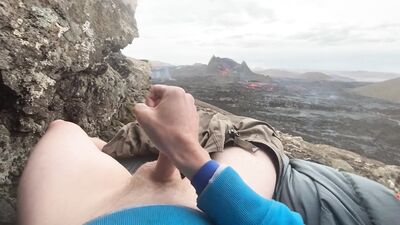 DOUBLE ERUPTION!! Jacking off while watching a volcano in Iceland erupt