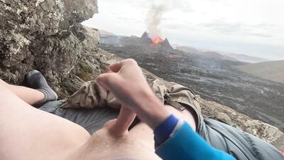 DOUBLE ERUPTION!! Jacking off while watching a volcano in Iceland erupt