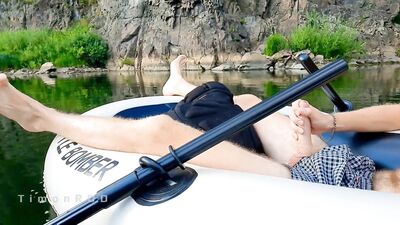 Guy on a boat in the wild masturbates dick and cums powerfully