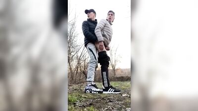Outdoor twinks blowjob, fucks bareback and more cum in sportwear