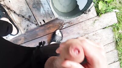Russian country boy jerks off in the morning near the well