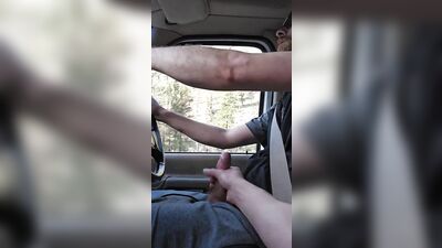 straight guy lets bi roommate play with his cock while driving on a road trip