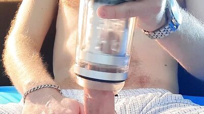 The guy powerfully finished from a rotating masturbator