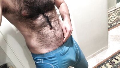 Very hairy man Jerking off through Lycra Spandex Tights
