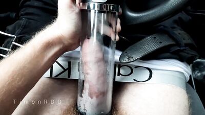 The male pumped up his penis with a pump and cum inside