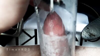 The male pumped up his penis with a pump and cum inside