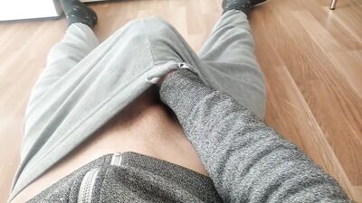 Lying on the floor, in my pajamas, I am playing again with my thick milk and this nice huge fat cock
