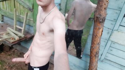 The guy pisses powerfully and then jerks off a cock at an abandoned recreat