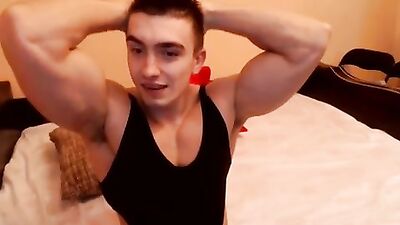 Webcam Muscle Worship and Ejaculation - Abdominal and Pectoral Muscles in Action!