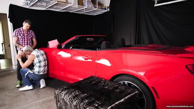 Two Mechanic Lovers Heat Up Their Convertible in the Parking Lot