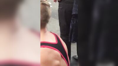 Gay Pride Street Suck Fest: Mature Men Lick Up a Young Cutie