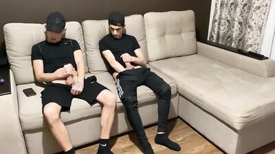 Straight jerk off with twink gay friend in sportswear (blowjob and cum in mouth)