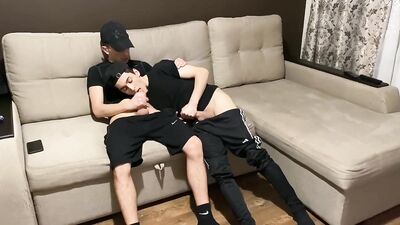 Straight jerk off with twink gay friend in sportswear (blowjob and cum in mouth)