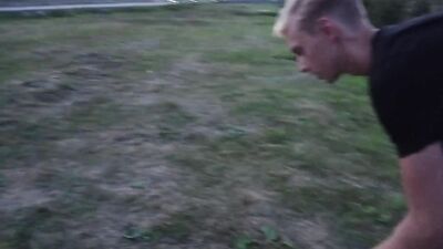 handsome jerking off a dick on the embankment of the plant. EXTREME