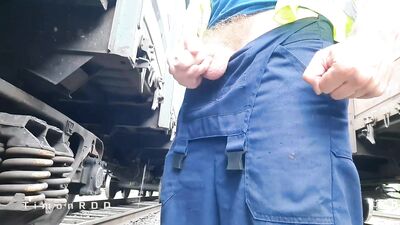 Railroad worker masturbates and cums in a found condom