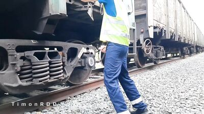 Railroad worker masturbates and cums in a found condom