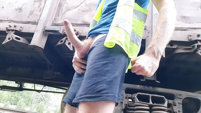 Railroad worker masturbates and cums in a found condom