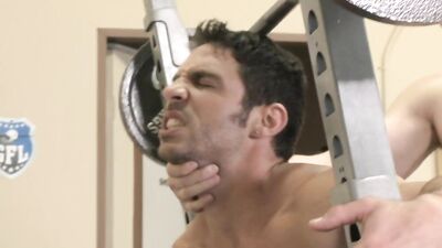 Gay Porn Slam Dunk: American Footballer Gets Coachs Muscles Hard in the Locker Room