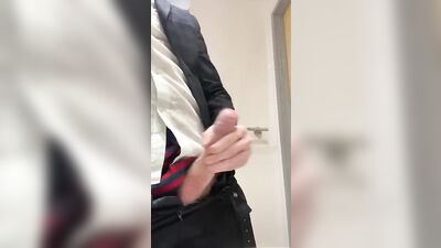 Suited manager masturbating at work - horny, hard and uncut straight guy cumming