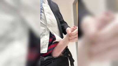 Suited manager masturbating at work - horny, hard and uncut straight guy cumming