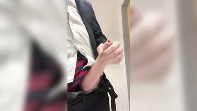 Suited manager masturbating at work - horny, hard and uncut straight guy cumming