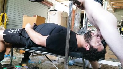 Nice cock gives deep throat workout on the weight bench