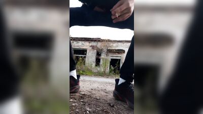 Straight guy fucks an imaginary gay guy in an abandoned house and cums on him