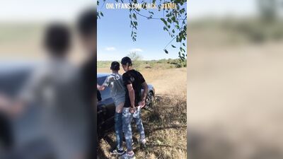 Straight guy fucked 18 year old student outdoor by car and both cum
