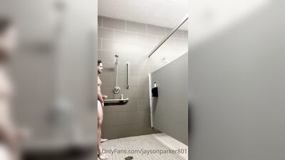 Risky Stud Gets Another to Join in Public Shower Jerkoff