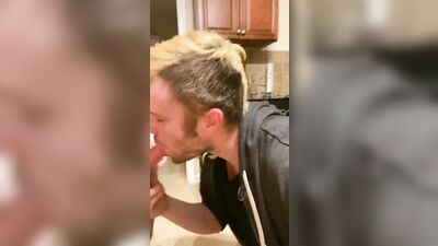 Swapping blowjobs in the kitchen and giving him a huge cumshot facial