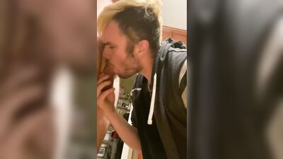 Swapping blowjobs in the kitchen and giving him a huge cumshot facial