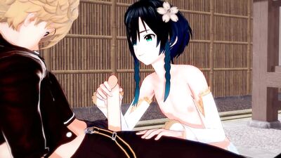 Aether anal fucks sissy Venti, cums on his stomach - Gay Genshin Impact Hentai.