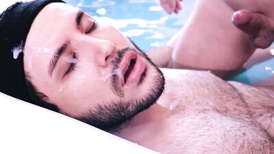 Bi cowboy fucks step brother bareback in the pool and cum in mouth