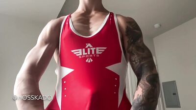 Wrestling Singlet Cum Bi Big Dick Jock Muscle Hunk Jerking Off In & Through Spandex Lycra Singlet