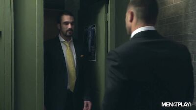 Frisked and Assaulted: Muscular Security Guard Gives Rough Blowjob to Suit-and-Tie Hunk in Public Bathroom