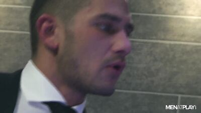 Frisked and Assaulted: Muscular Security Guard Gives Rough Blowjob to Suit-and-Tie Hunk in Public Bathroom