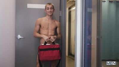 Delivered! Hot Package Boy Theo Brady drops off a hot parcel to Finn Hardings office and finds him stroking his cock...