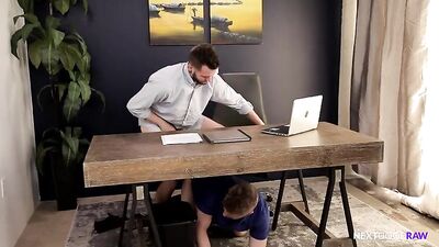 Young Intern Gets Seduced Under the Boss Desk - Gay Office Romance Turns Into Bottoming