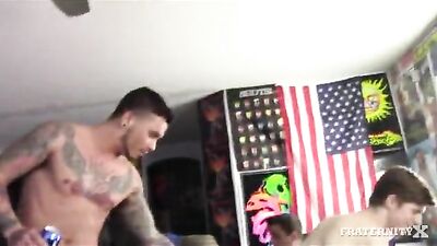 College Studs Take Turns on the Sofa: A Gay Porn Fraternity Cream Pie