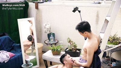 Busty blonde in heels gets her tight pussy penetrated by two Asian twinks, Tyler Wu and Dane Jaxson, without a condom.