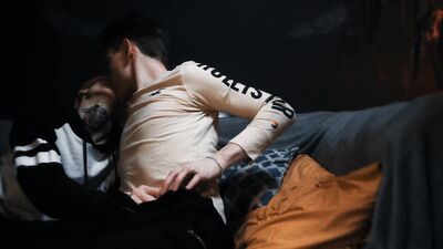 Rewritten as: "Two straight guys explore each other for the first time."