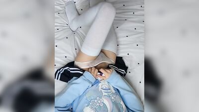 Cute crossdresser teases himself with a vibrator before finally ruining