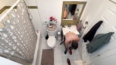 Masculine executive indulges in a soothing foot rub, his cock stiffens up.