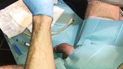 Satisfying penetration of a medical tool into a virgin butthole leads to explosive ejaculation through the urinary opening