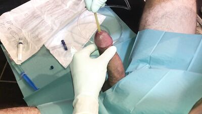Satisfying penetration of a medical tool into a virgin butthole leads to explosive ejaculation through the urinary opening