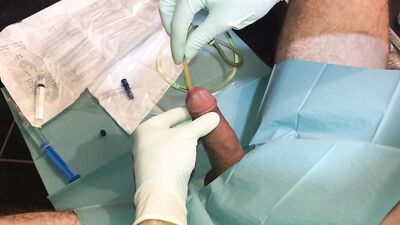 Satisfying penetration of a medical tool into a virgin butthole leads to explosive ejaculation through the urinary opening