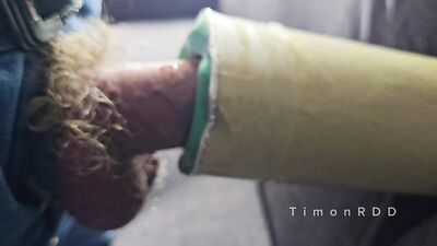 Male solo fun with a custom-made device while enjoying XXX movies