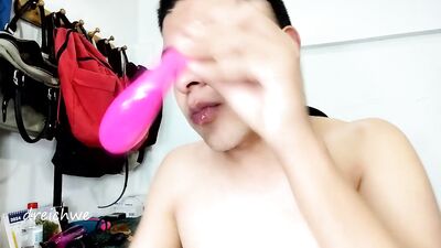 Rewritten as: "Mouth-watering Masturbation with Saliva and Vibrator".