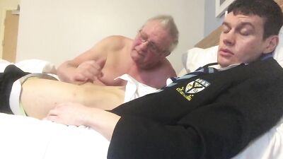 Young Stud Gets His Dick Sucked by Mature Guy in Public Restroom