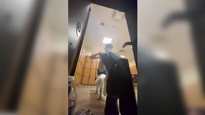 Skinny twink hard in gym locker room